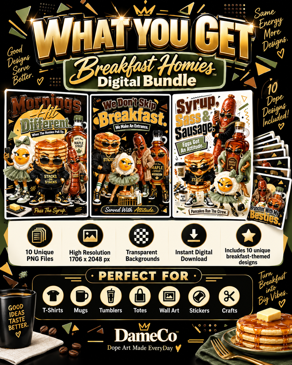 Breakfast Homies – 10 PNG Digital Design Bundle | High-Resolution Transparent Graphics